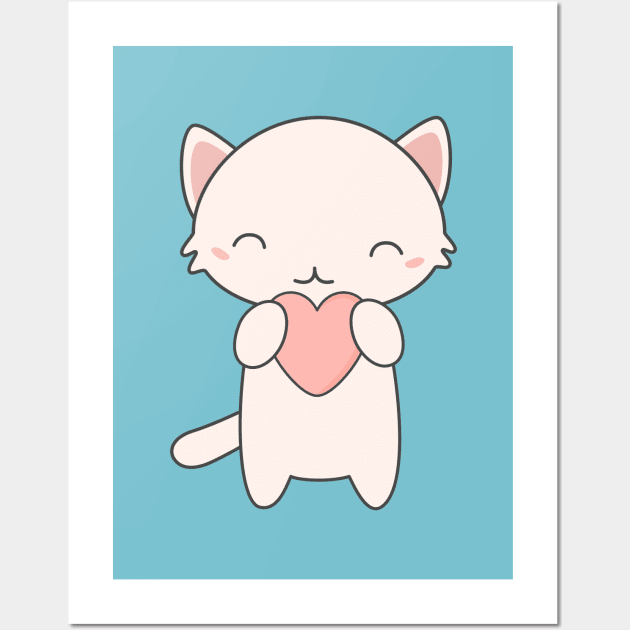 Kawaii Cute Cat With Heart T-Shirt Wall Art by happinessinatee